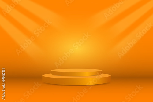 Orange Studio Background With Podium Stage And Glowing Light. Minimalist. Abstract Business Wallpaper. Vector Illustration