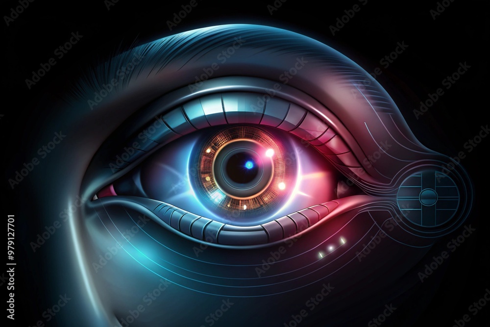 High-tech bionic eye implants, showing a glowing eye and the person’s vision filled with augmented data.