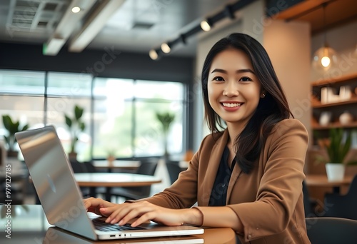 Professional Woman Working on Laptop in Modern Office, Focused and Productive