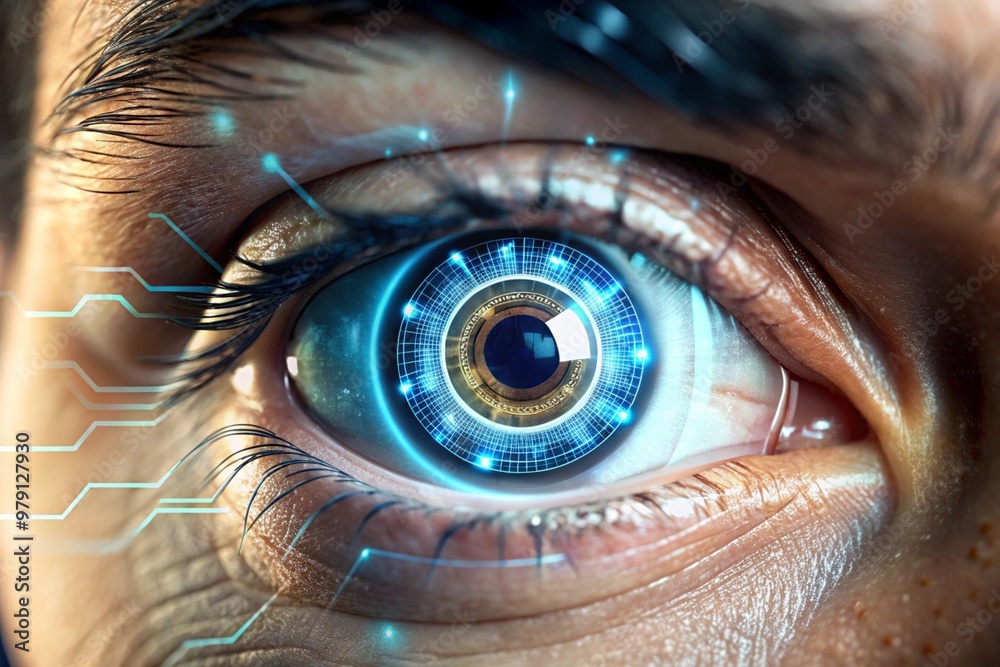 Fotografie High-tech bionic eye implants, showing a glowing eye and the person’s vision filled with augmented data