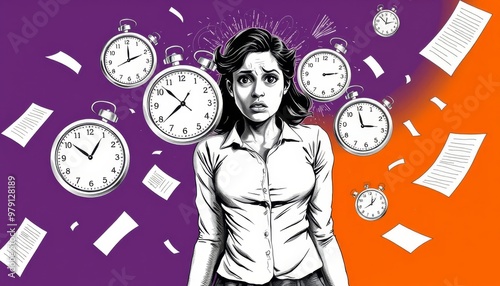 A woman with an expression of confusion on her face surrounded by paper sheets flying in the air and several clocks