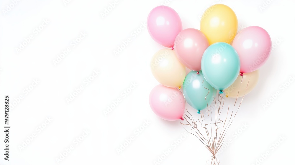 Pastel Balloons with Gold Ribbons on White Background
