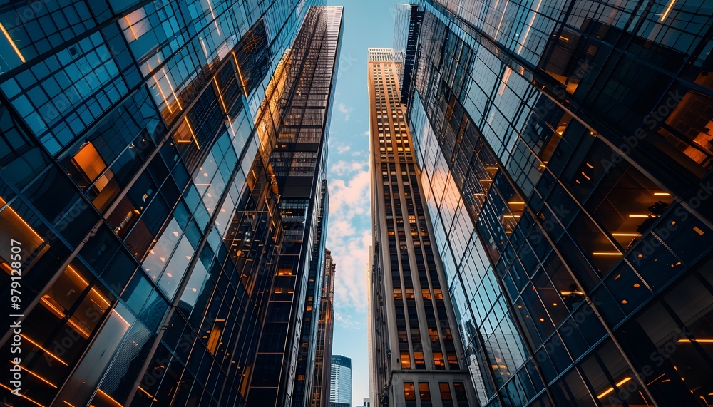Skyscrapers with Glass Facades and Evening Lights Skyscrapers with Glass Facades and Evening Lights
