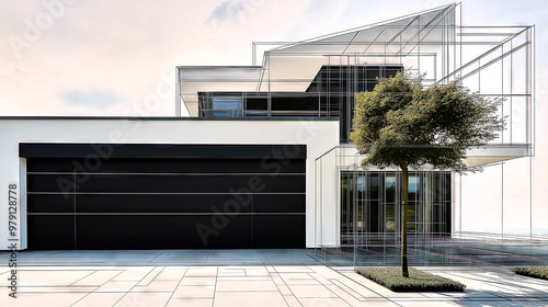 Modern house overlapped with architect drawing plans