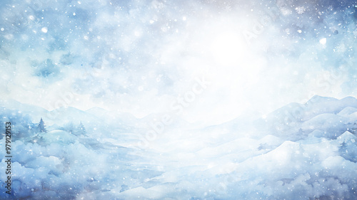 winter postcard blank form watercolor drawing, landscape in blue tones, covered with snow, snowfall in light blue tones abstract blurred background