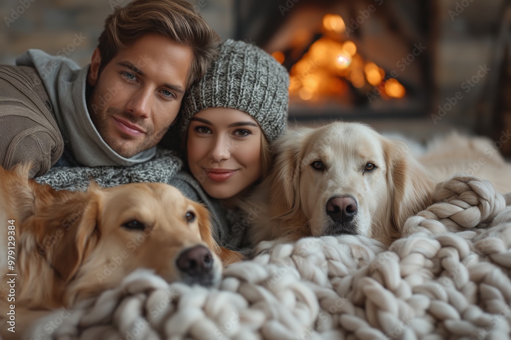 Cozy couple with their dogs snuggling by the fireplace, wrapped in a knitted blanket, enjoying a serene winter day. Cozy couple with their dogs snuggling by the fireplace, wrapped in a knitted blanket, enjoying a serene winter day.