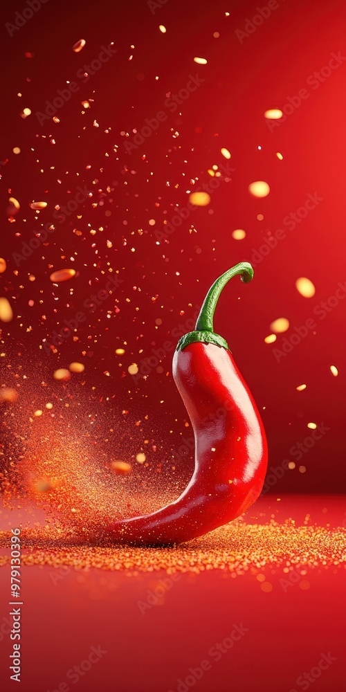 Vibrant red chili pepper surrounded by spice particles, evoking heat and flavor in a bold, colorful setting. Vibrant red chili pepper surrounded by spice particles, evoking heat and flavor in a bold, colorful setting.