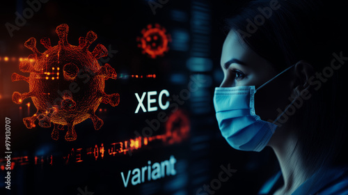Woman in medical mask and abstract 3D model of new coronavirus variant 