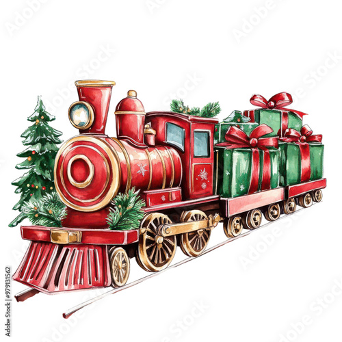 Christmas train with presents, watercolor style, cozy and festive, isolated on a white background