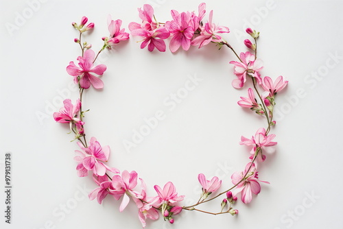 Pink wreath of apple, cherry, almond on a white background. Banner template in the style of spring, love, freshness and new life. Concept gift banner, web, card with place for text, copy space