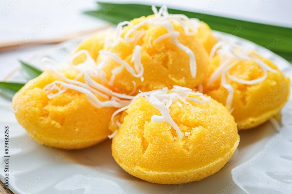 Toddy Palm Cake , thai dessert , thai called khanom tarn in white ceramic plate on white background, close up food Toddy Palm Cake , thai dessert , thai called khanom tarn in white ceramic plate on white background, close up food