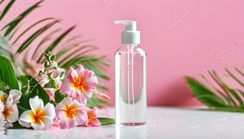 Refreshing shower gel in a clear plastic bottle against a clean backdrop with ample copy space