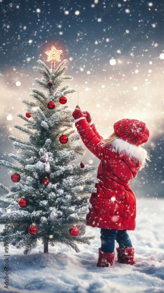 A little girl decorating a christmas tree in the snow A little girl decorating a christmas tree in the snow