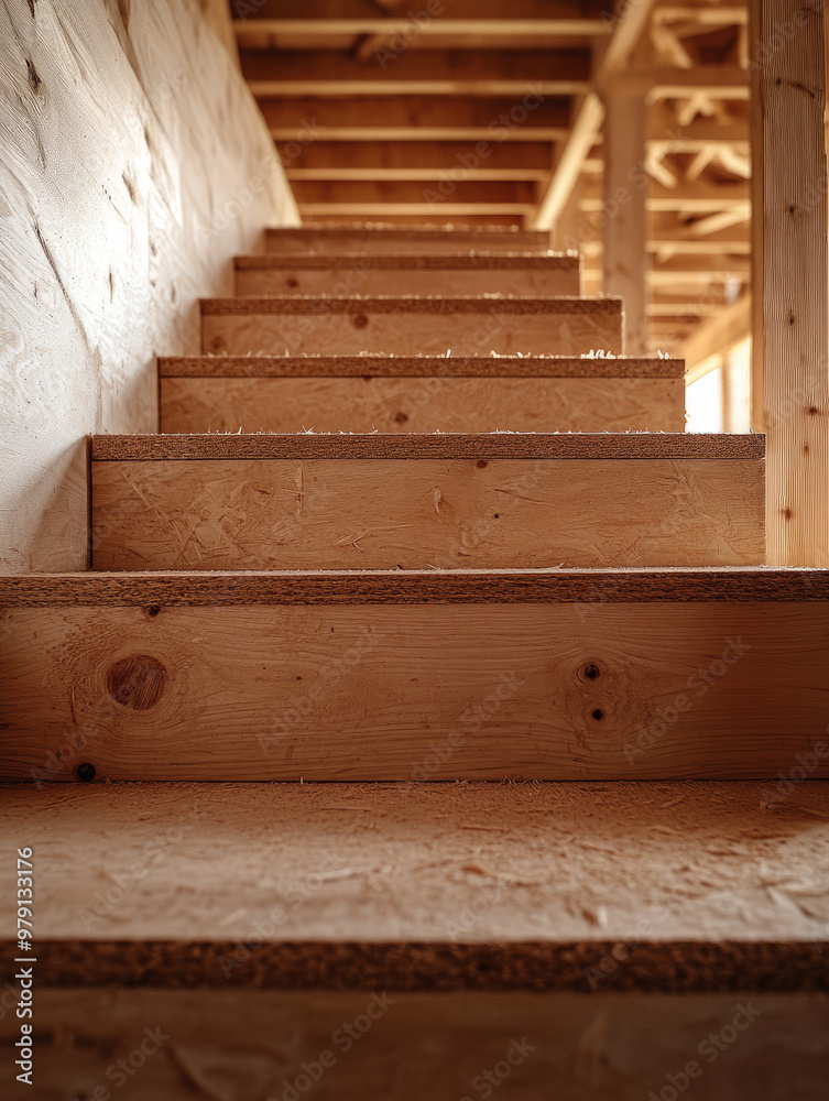 Wooden staircase under construction in an unfinished building Wooden staircase under construction in an unfinished building