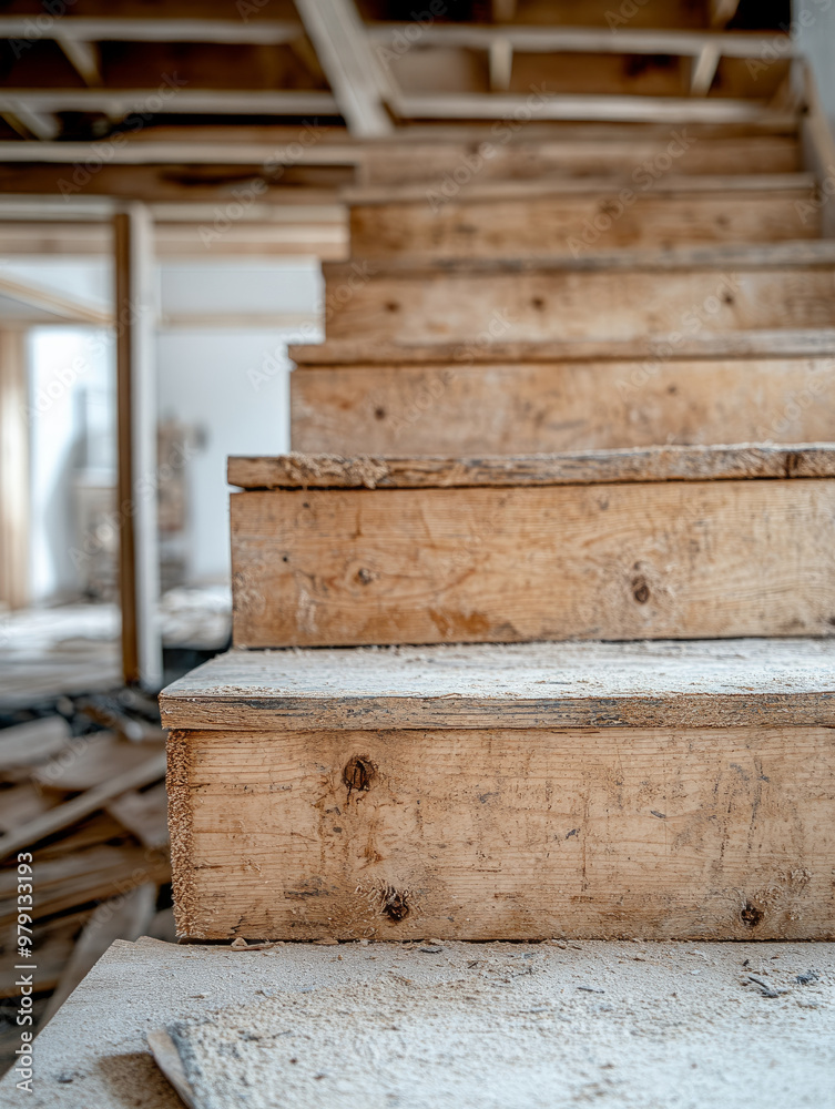 Rustic unfinished wooden stairs in a construction site. Rustic unfinished wooden stairs in a construction site.