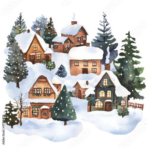 snowcovered Christmas village, cozy and festive, watercolor style, isolated on a white background
