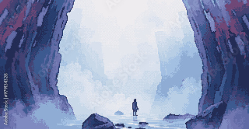 Solo hero contemplates their journey in the middle of overbearing cliffs, The end, pixel art photo