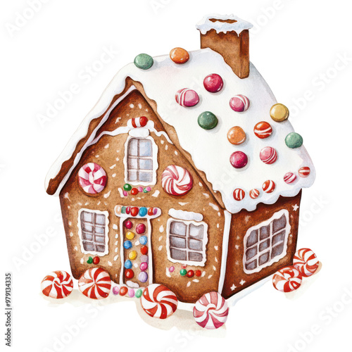watercolor gingerbread house decorated with candy, cozy and festive, isolated on a white background