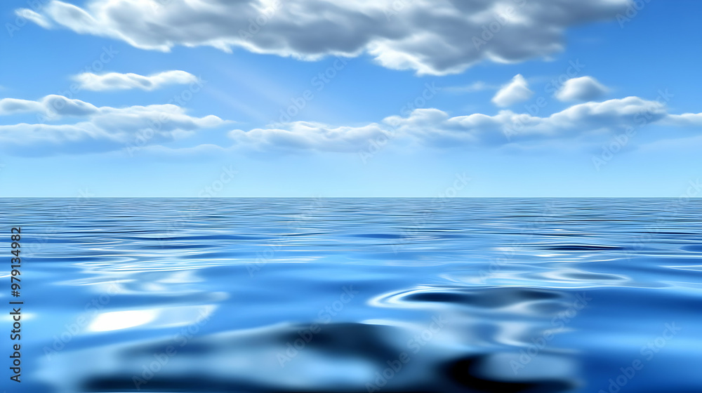 Digital Illustration of a Calm Blue Ocean with White Fluffy Clouds and a Bright Blue Sky Digital Illustration of a Calm Blue Ocean with White Fluffy Clouds and a Bright Blue Sky
