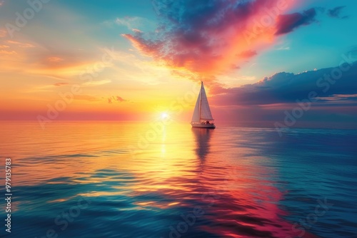 Sailboat Serenity with Sunset Over Warm Horizon