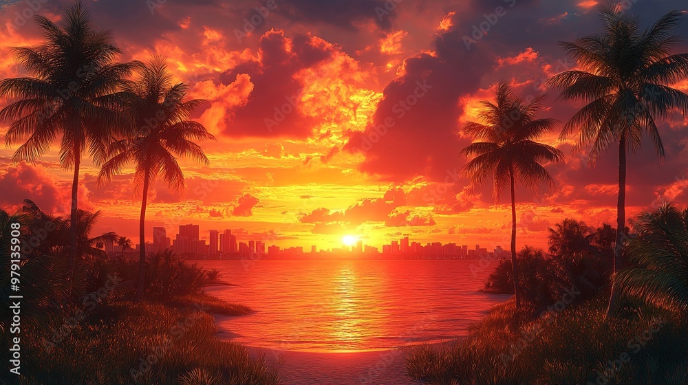 Obraz premium Vibrant cityscape silhouette against golden sky with silhouetted palm trees