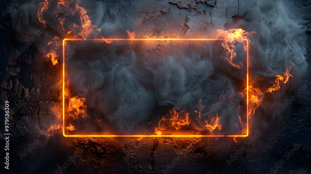 Glowing Neon Frame Surrounded by Flames and Smoke. Glowing Neon Frame Surrounded by Flames and Smoke.