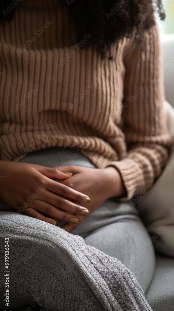 Fototapeta premium Woman Holding Stomach in Comfort While Sitting Indoors