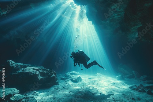 Breathtaking Light Beams in an Underwater Cave Exploration