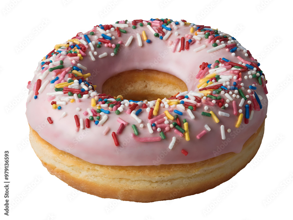 Classic Doughnut with Pink Frosting and Colorful Sprinkles on Light Brown Base Classic Doughnut with Pink Frosting and Colorful Sprinkles on Light Brown Base