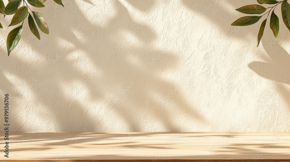 Wooden Tabletop with Leaf Shadows on Beige Wall Background Wooden Tabletop with Leaf Shadows on Beige Wall Background