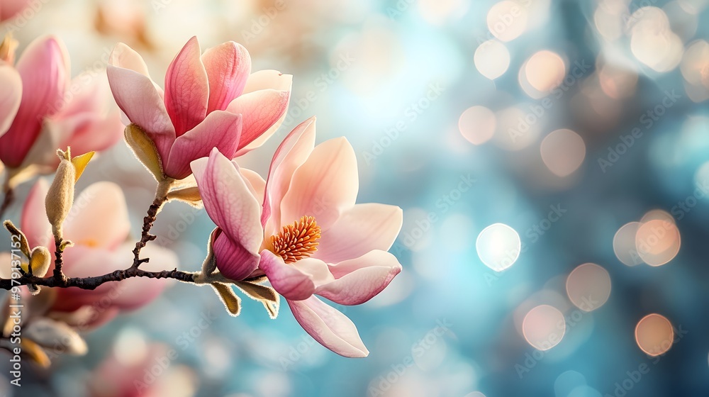 Pink Magnolia Blossoms with Blurred Background Pink Magnolia Blossoms with Blurred Background