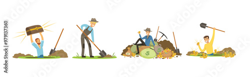 Man Character Treasure Hunter with Shovel and Pickaxe Vector Set