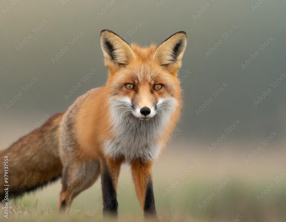 Fototapeta premium Isolated red fox with depth of field showcasing bushy tail and striking fur color