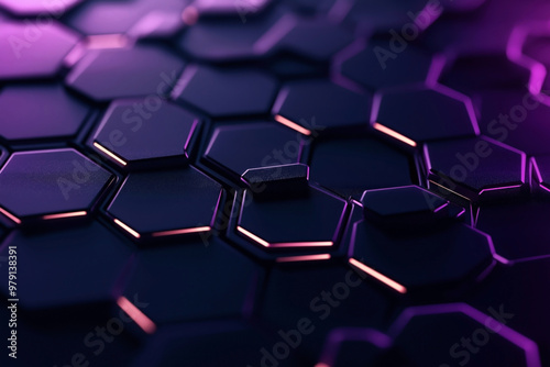 Close-up of a futuristic hexagonal grid structure with neon lighting, featuring an abstract geometric pattern and a dark surface with glowing edges.