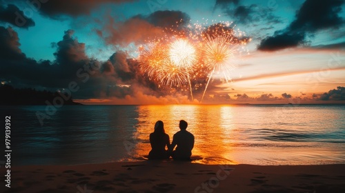 Enchanting Fireworks Display Over a Tranquil Beach at Sunset