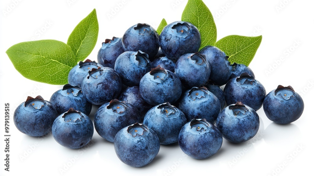Fototapeta premium Fresh Blueberries with Green Leaves Isolated on White Background