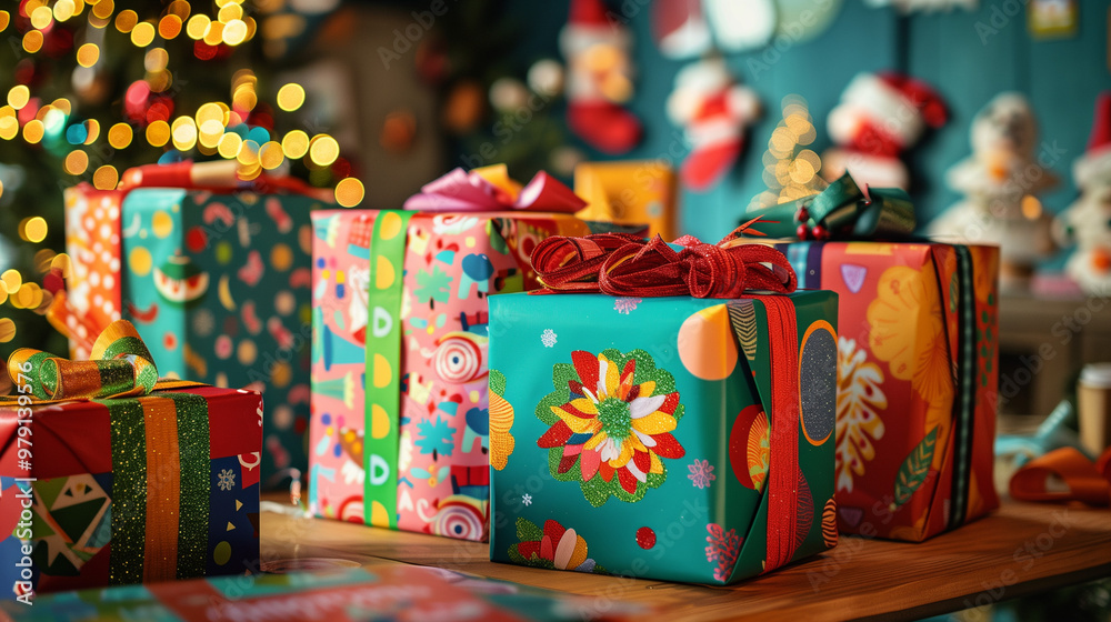 Fototapeta premium Secret Santa gifts arranged on a table each gift