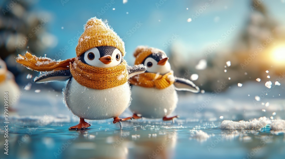 Fototapeta premium Cute penguins ice skating, cartoon-style snowy landscape