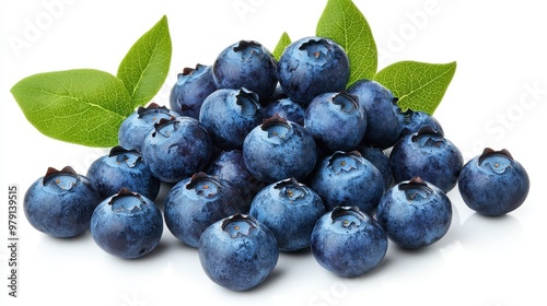 Fresh Blueberries with Green Leaves Isolated on White Background
