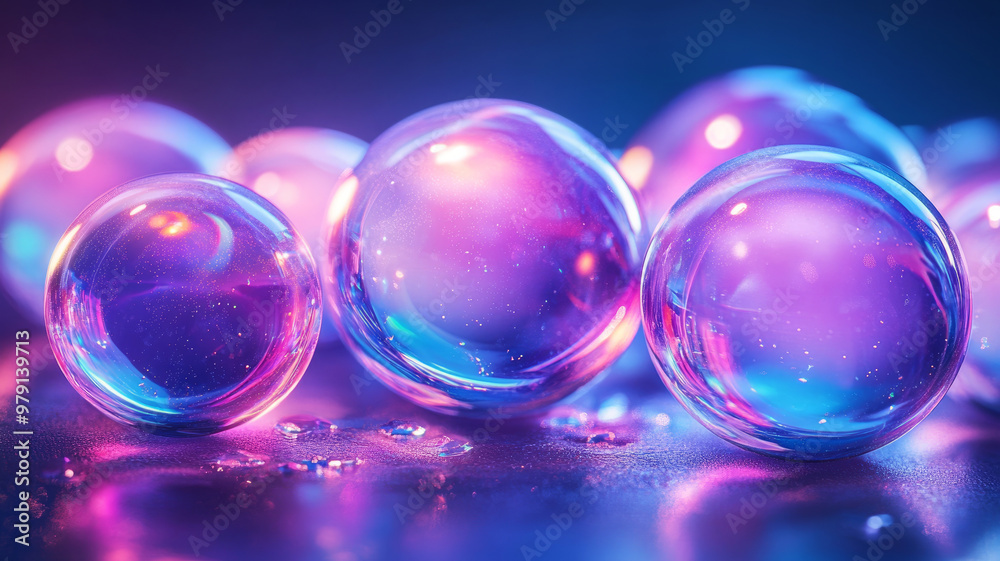 Colorful glowing glass spheres with reflections in neon light. Colorful glowing glass spheres with reflections in neon light.
