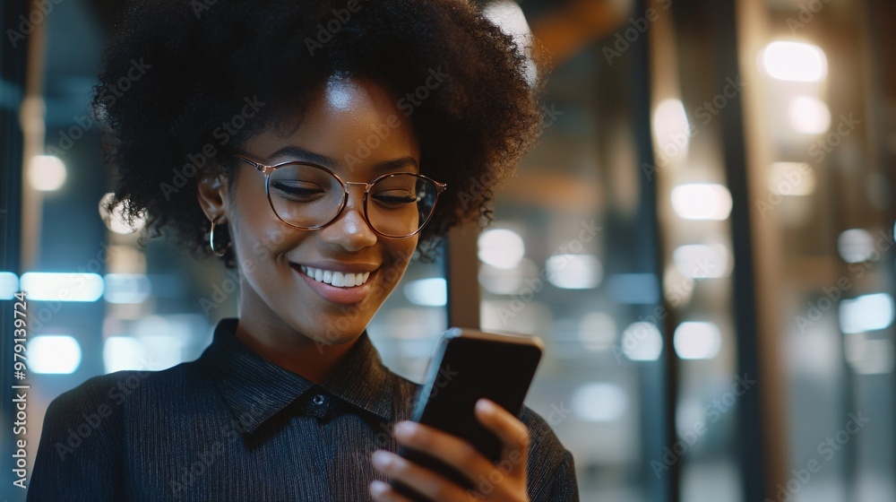 A young woman smiles while using a smartphone in a modern office setting, showcasing joy and technology in daily life. A young woman smiles while using a smartphone in a modern office setting, showcasing joy and technology in daily life.