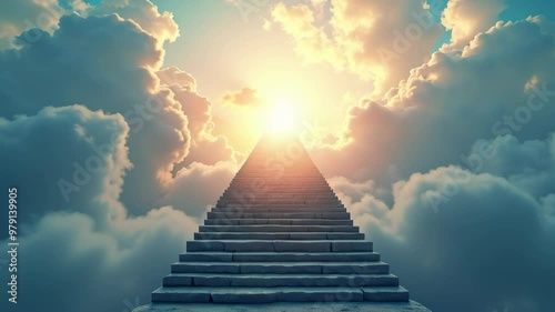 Stairway to heaven. Stairway leading to the cloudy sky. Bright light seen in the clouds representing heaven.
