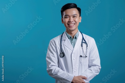 Asian doctor in white coat standing on turquoise background and smiling