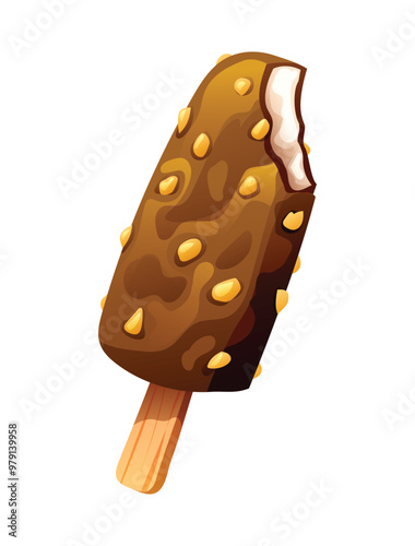 Bitten ice cream stick covered in chocolate and nuts with a crunchy texture. Vector cartoon illustration