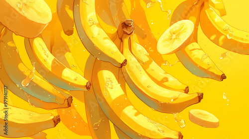 Bananas falling in motion on yellow background. Close-up of many bananas falling in motion. AI generative