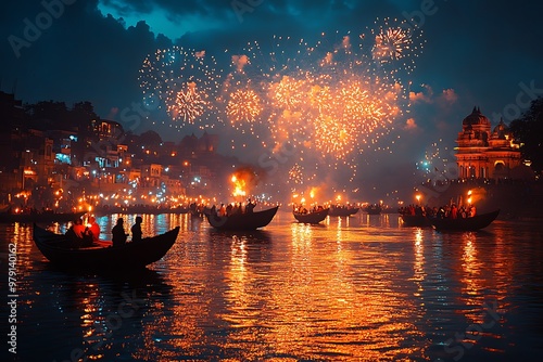 A vibrant celebration with fireworks illuminates the night sky over a river filled with illuminated boats. photo