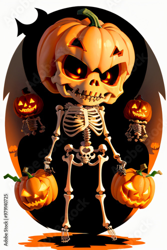 Chibi Skeleton Holding a Jack-o'-Lantern Full-Body Illustration photo