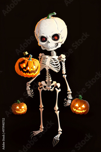 Chibi Skeleton Holding a Jack-o'-Lantern Full-Body Illustration photo