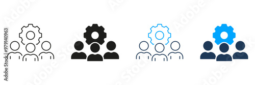 Workforce Line and Silhouette Icon Set. People with Gear Pictogram, Team Work Concept. Manager with Cog Wheel. Project Management, Teamwork Symbol. Editable Stroke. Isolated Vector Illustration