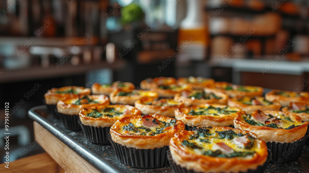 Multiple quiches cooling on kitchen counter in homey setting.